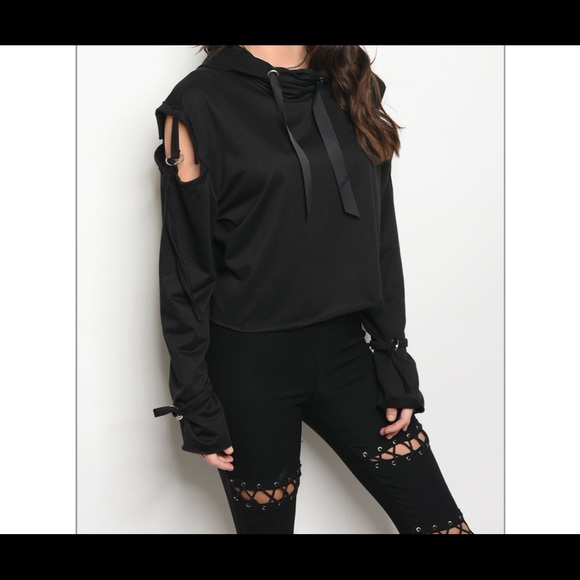 Long sleeve lightweight hooded top w strap details - Picture 2 of 3